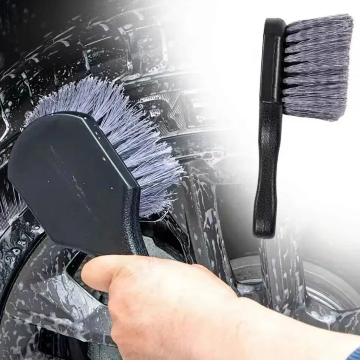 Car Cleaning Brush - แปรงทำความสะอาดล้อรถยนต์ แปรงทำความสะอาดล้อแบบด้ามสั้น แปรงล้างขอบยาง ชุดอุปกรณ์ทำความสะอาดรักษารถยนต์ สำหรับรถยนต์